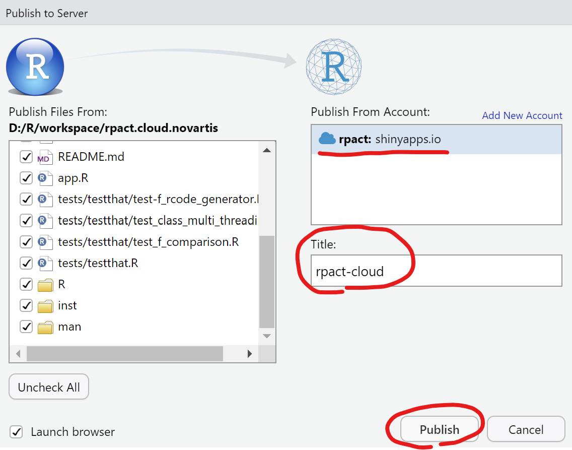 Screenshot showing the Publish to Server dialog in RStudio